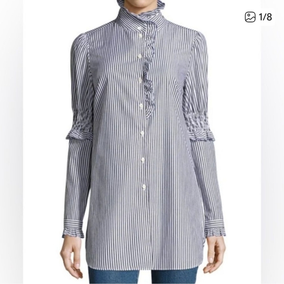 See By Chloe Mock Neck Button Front Striped Tunic Shirt Size 40 Blue White - Picture 1 of 12